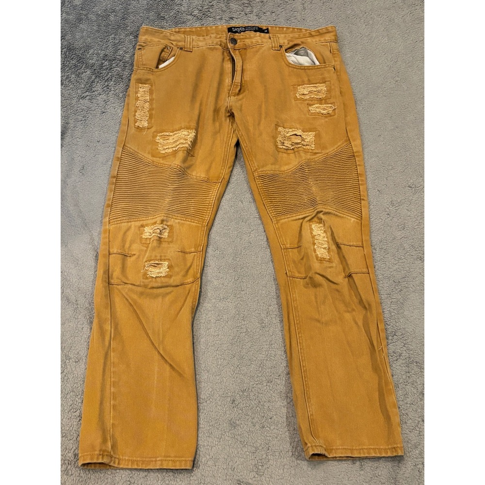 Sacred Crown Black Premium Mens Biker Jeans 38 Mustard Tan Distressed Moto Pants